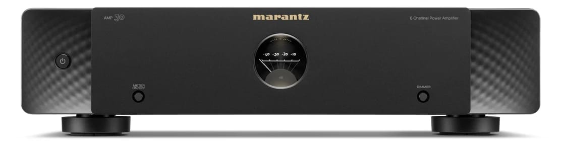 Vorderseite der Endstufe in Schwarz mit Bullauge und Marantz-Logo