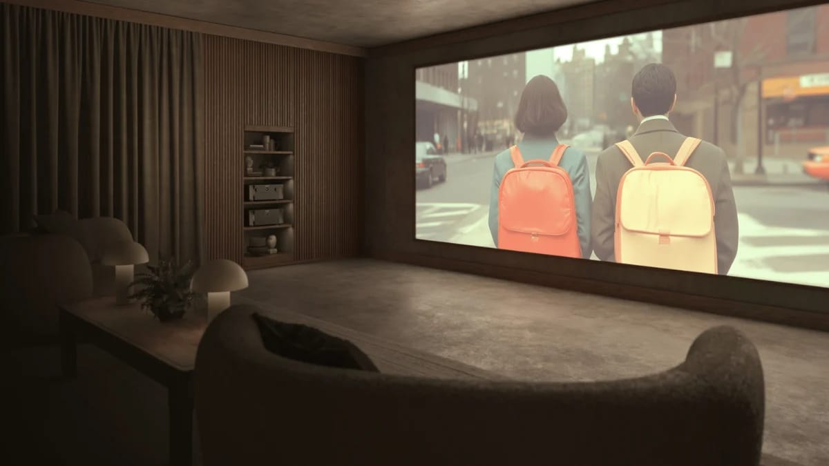 Heimkino mit Sesseln, großer Leinwand und einem Regal mit Geräten