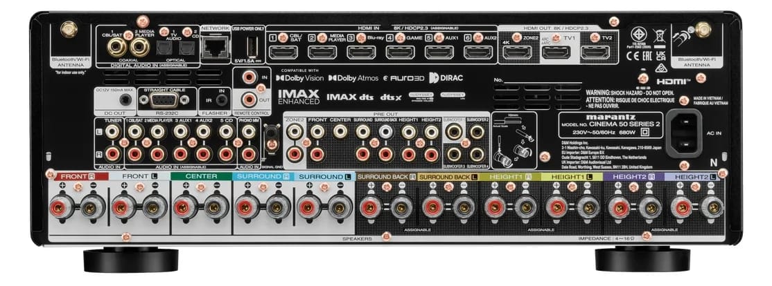 Rückseite des Marantz CINEMA 50 SERIE 2 in Schwarz mit allen Anschlüssen