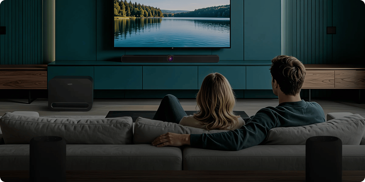 Paar schaut Fernsehen in modernem Wohnzimmer.