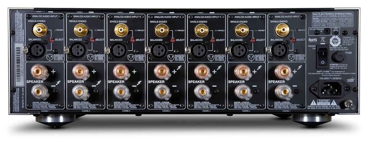 Rückseite der NAD M28 mit XLR- und Cinch-Eingängen