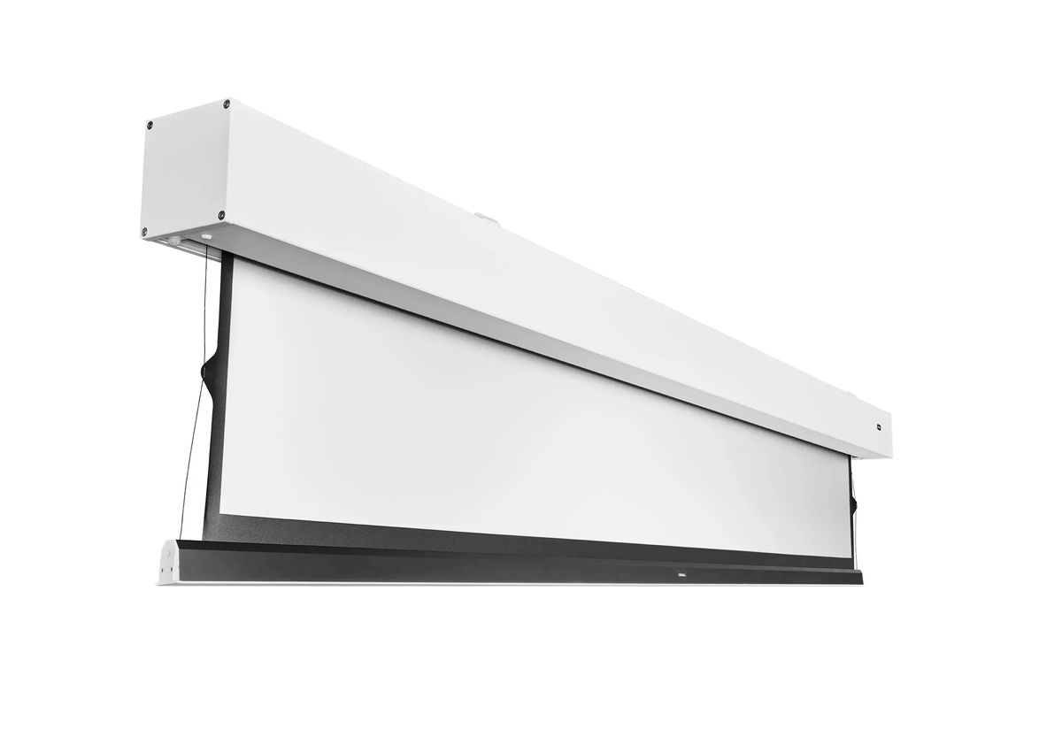 Elektrische Leinwand für Beamer, weiße Gehäuse.