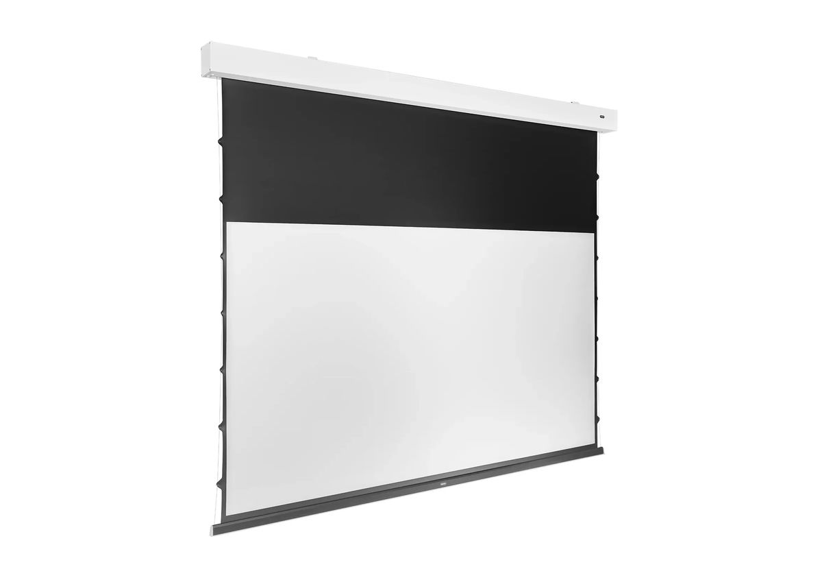 Elektrische Leinwand für Beamer mit schwarzem Rand.