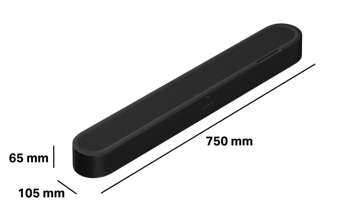 Abmessungen der Soundbar: 750 x 65 x 105 mm.