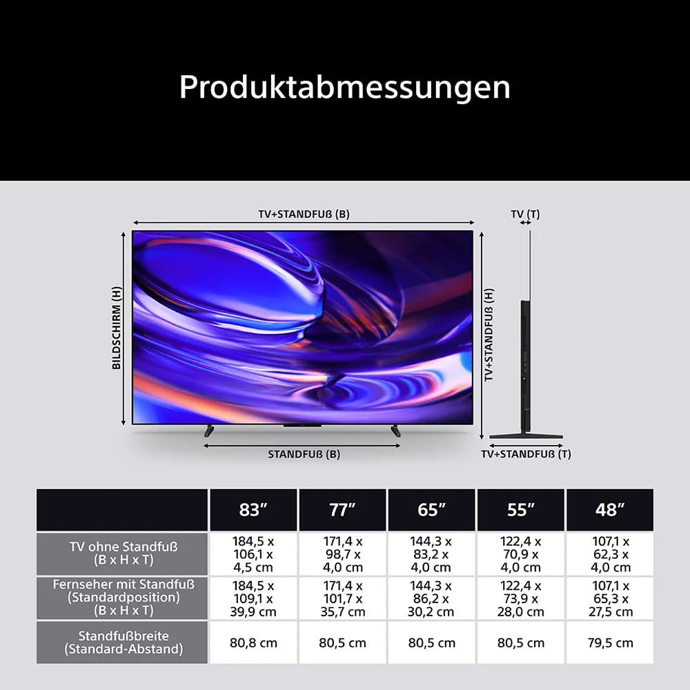 Produktabmessungen des BRAVIA 6 in allen Größen.