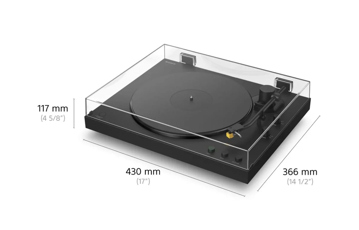 Abmessungen des Sony PS-LX5BT mit Haube.