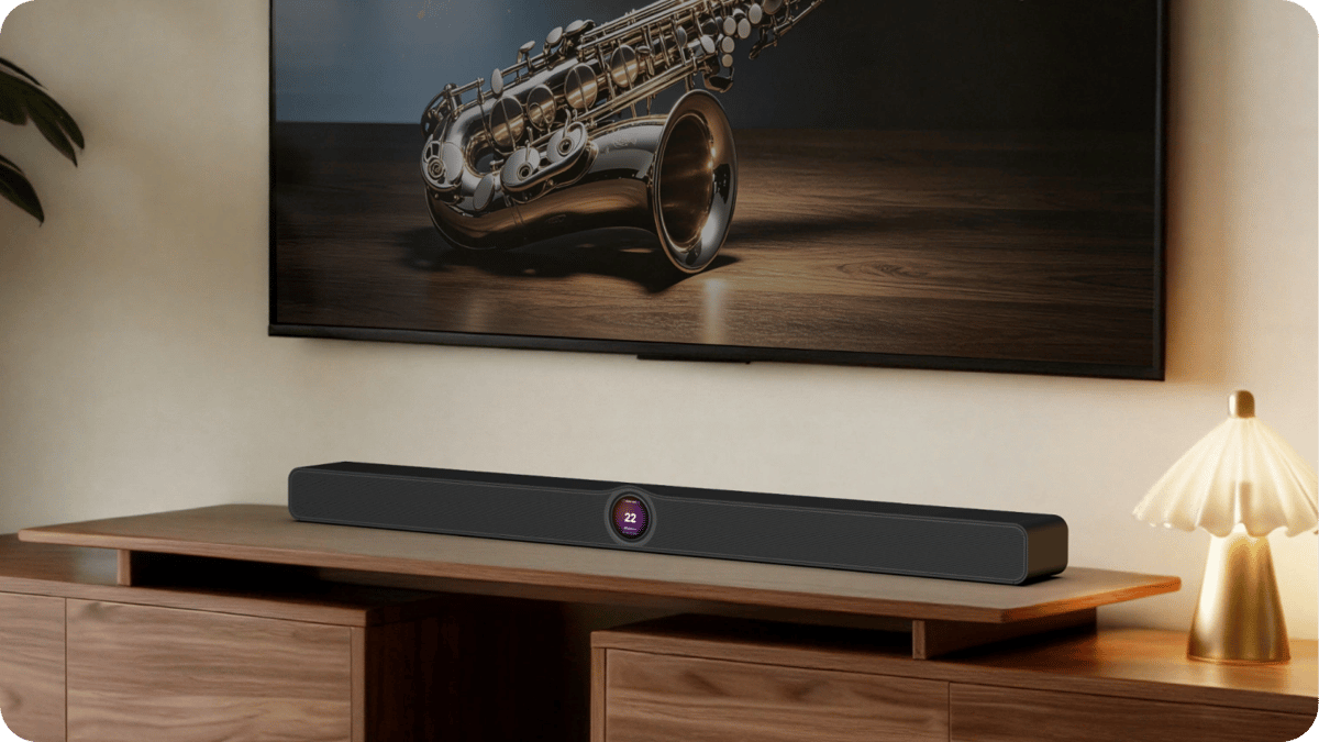 Soundbar unter einem Fernseher mit Saxophon.