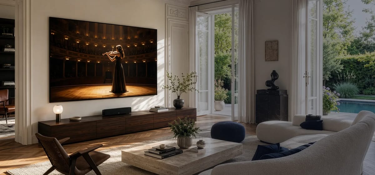 Modernes Wohnzimmer mit großem Fernseher und Garten.
