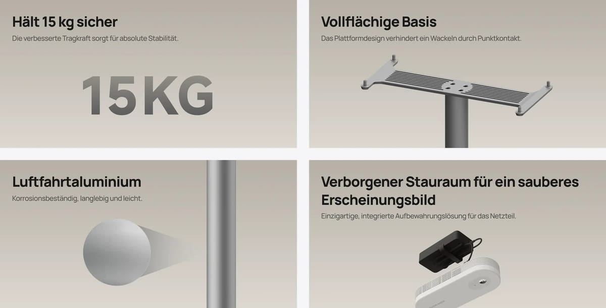 Beamerhalterung mit Aluminium und verstecktem Stauraum.