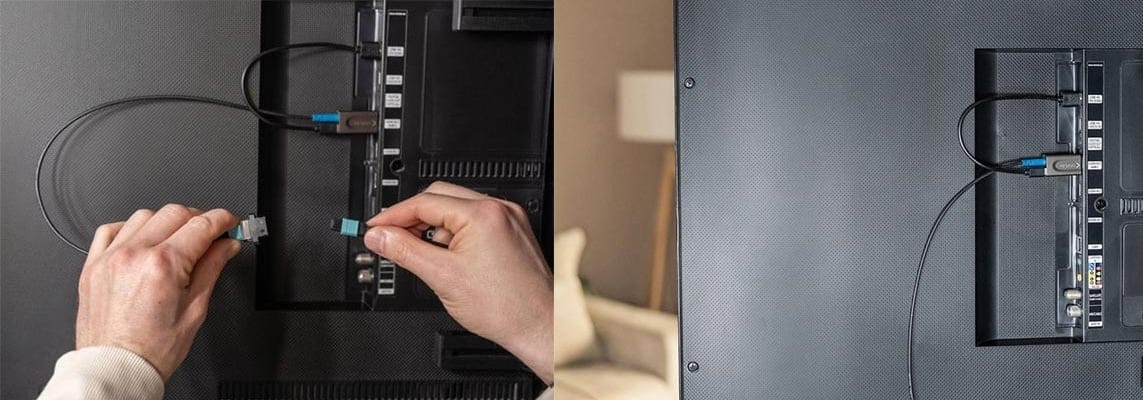 Kabelverbindung an der Rückseite eines Beamers.