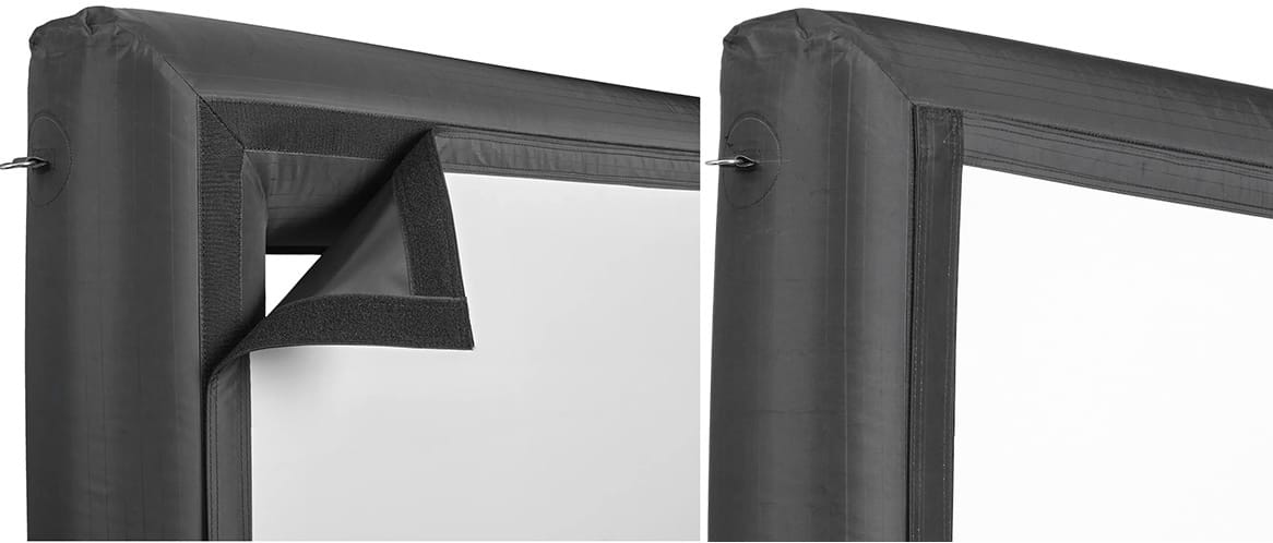 Aufblasbare Leinwand mit Klettverschluss-Detail.