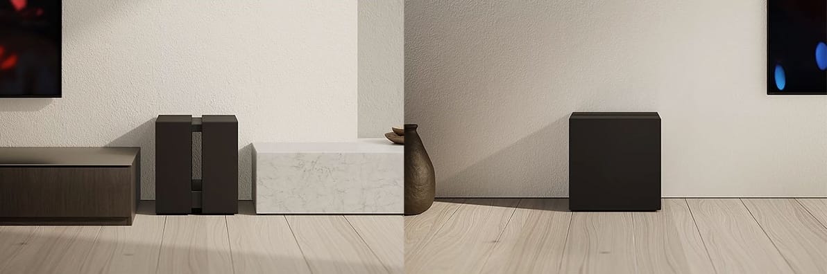 Moderne Wohnzimmerdekoration mit Beamer und Lautsprecher.