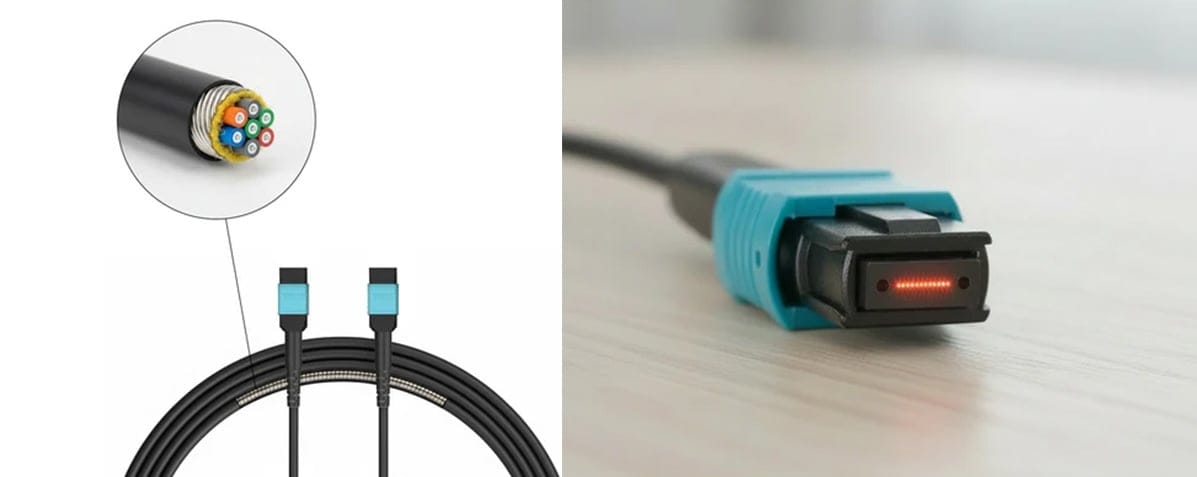 Glasfaserkabel mit MPO-Stecker und Innenansicht.