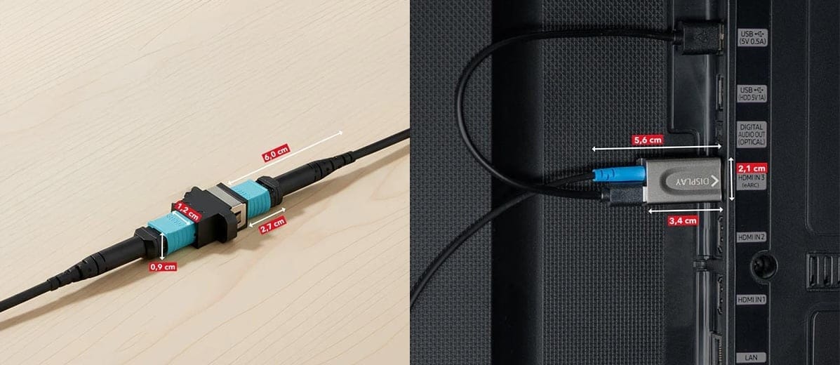 Kabel und Adapter mit Maßangaben.