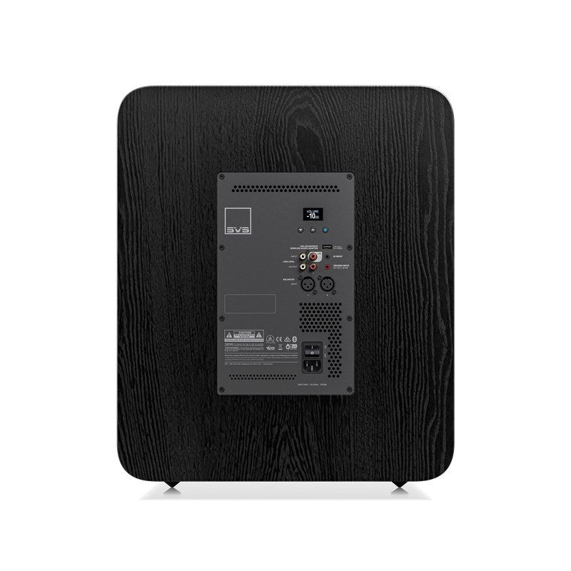 Rückseite eines schwarzen Lautsprechers mit Anschlüssen.