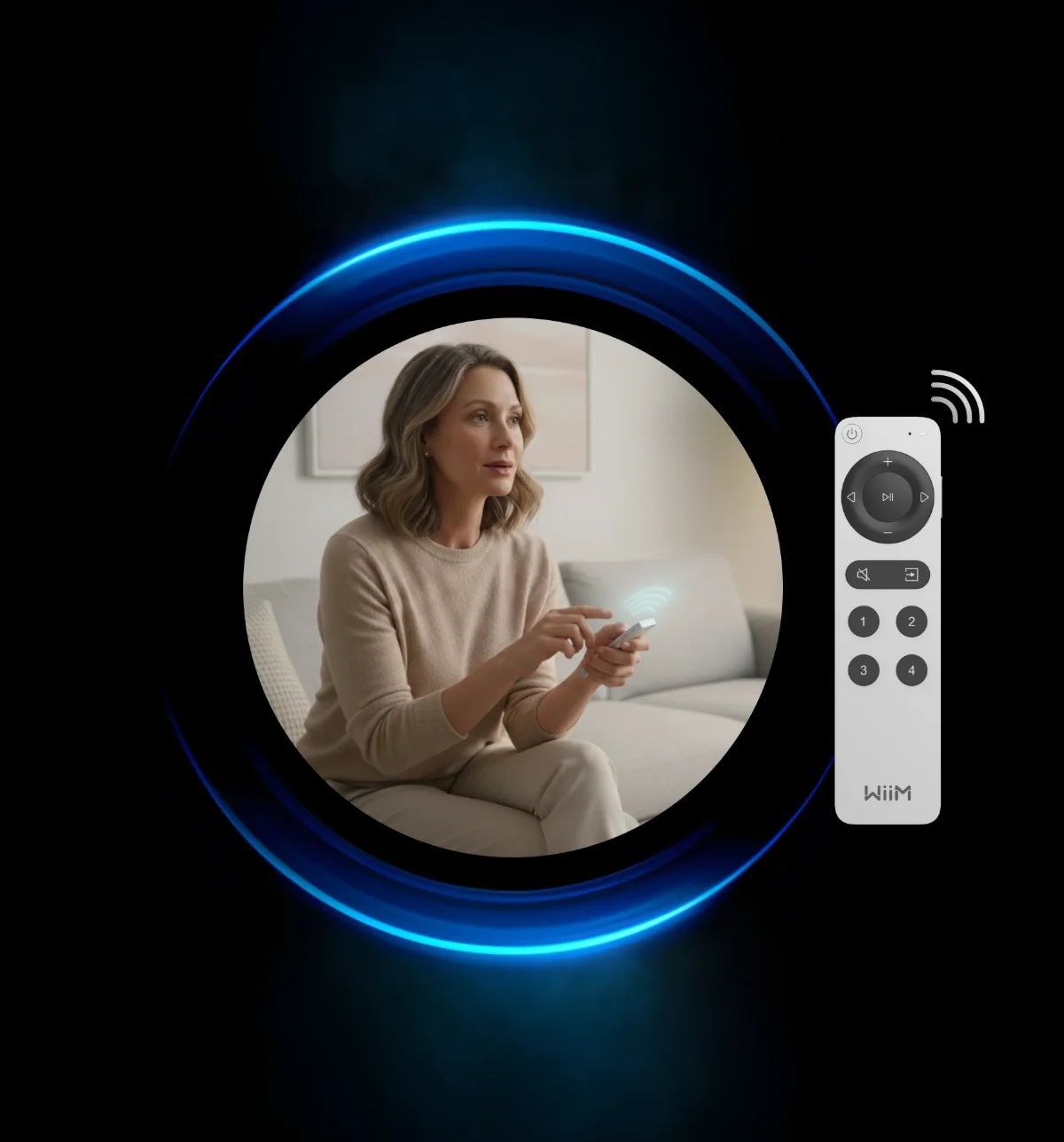 Rundes Touch-Display mit Albumcover, daneben die Fernbedienung