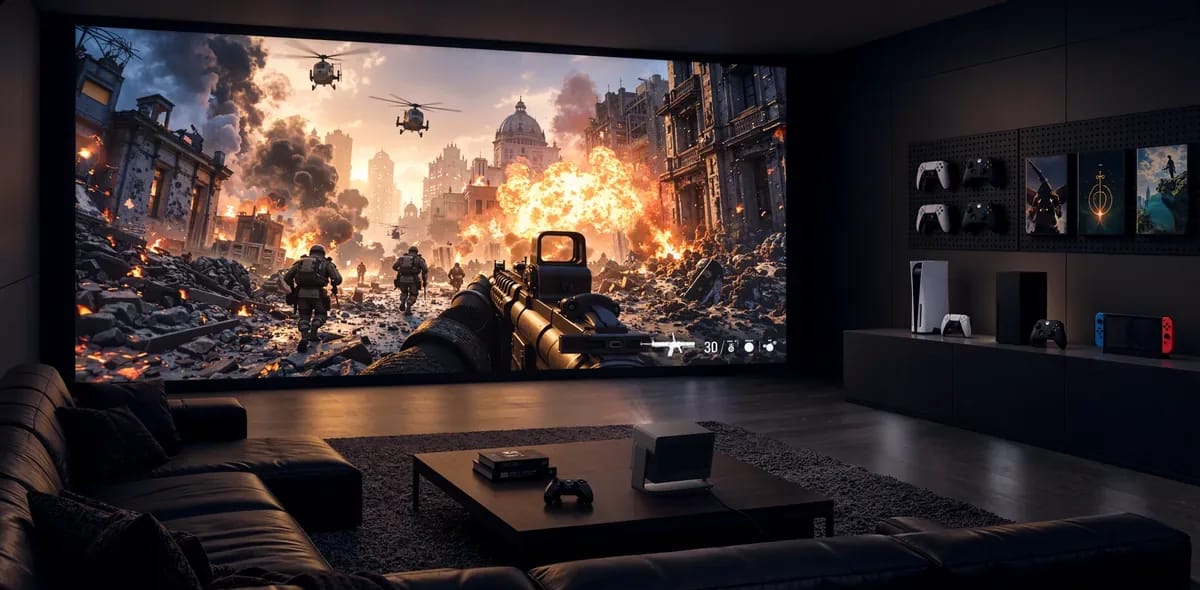 Gaming-Raum mit Actionspiel auf großer Leinwand und Beamer auf dem Tisch