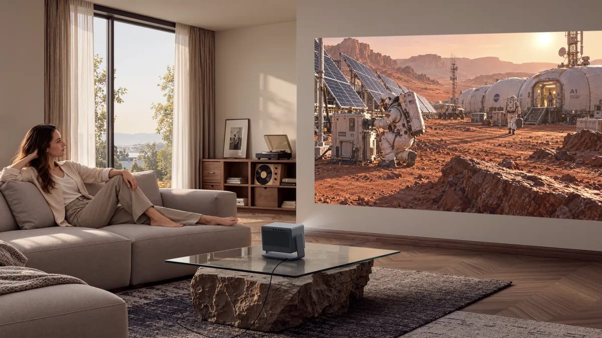 XGIMI HORIZON 30 Max im Wohnzimmer mit Science-Fiction-Szene an der Wand