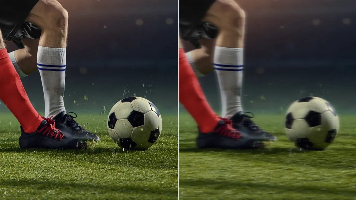 Vergleich: Fußballszene links scharf, rechts mit Bewegungsunschärfe