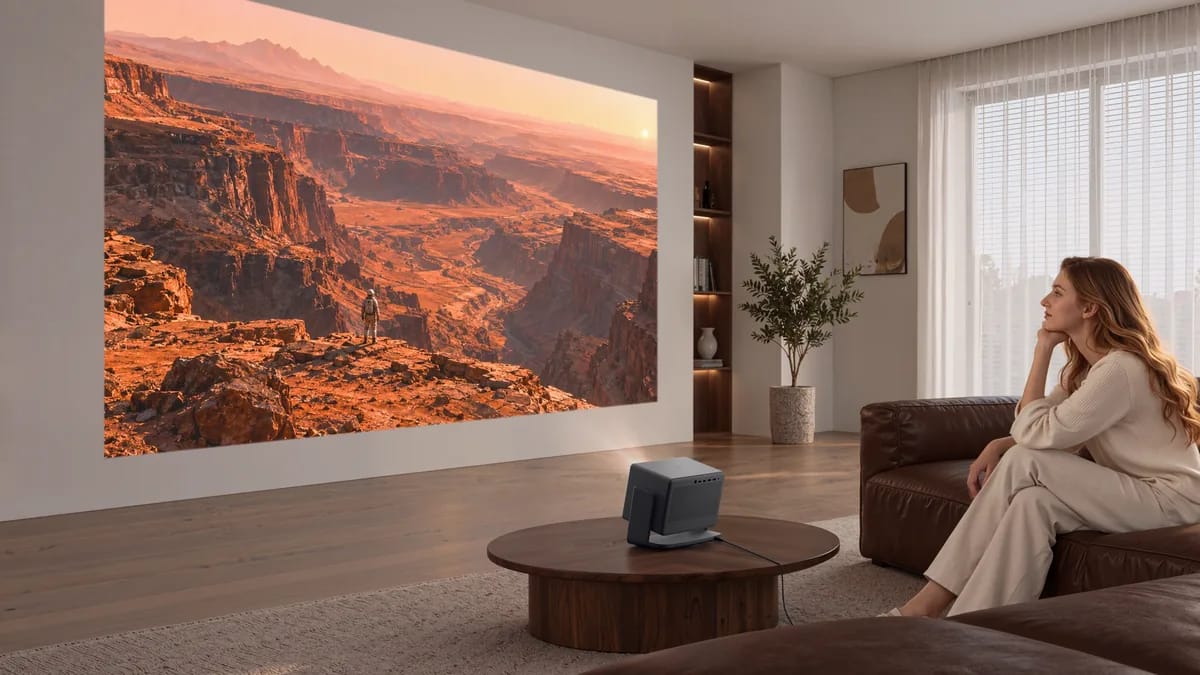 XGIMI HORIZON 30 Pro im hellen Wohnzimmer mit Landschaftsaufnahme an der Wand
