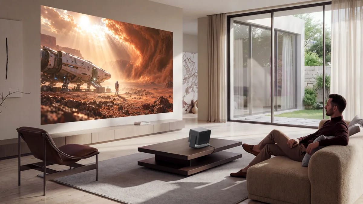 XGIMI HORIZON 30 Ultra Max im hellen Wohnzimmer mit großer Fensterfront und Filmszene an der Wand