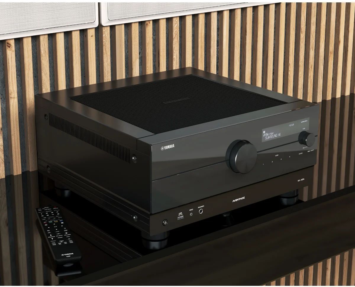 Front des AV-Receivers im Detail vor Holzlamellen mit Fernbedienung
