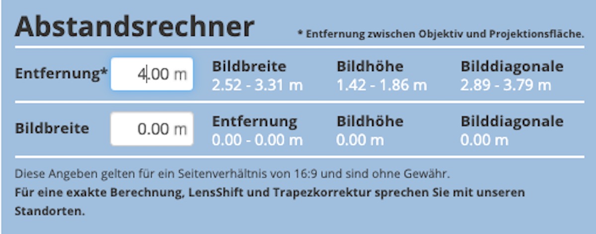 Beamer Und Leinwand Bildbreitenrechner Abstandsrechner