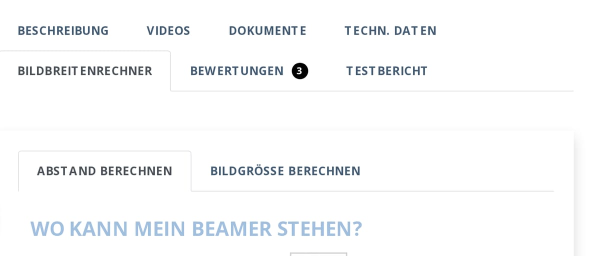 Reiter Bildbreitenrechner am Ende der Produktbeschreibung mit den Optionen Abstand berechnen und Bildgröße berechnen
