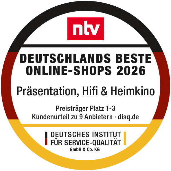 ntv und DISQ: Deutschlands beste Online-Shops 2026, Kategorie Präsentation, Hifi & Heimkino, Preisträger Platz 1 bis 3, Kundenurteil zu 9 Anbietern