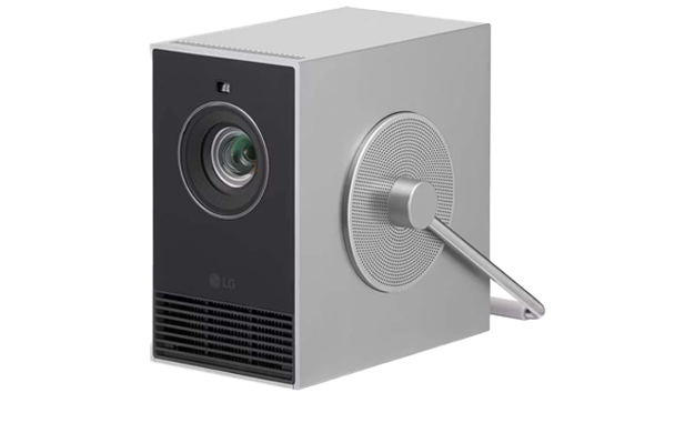 Moderner grauer Projektor mit Standfuß.