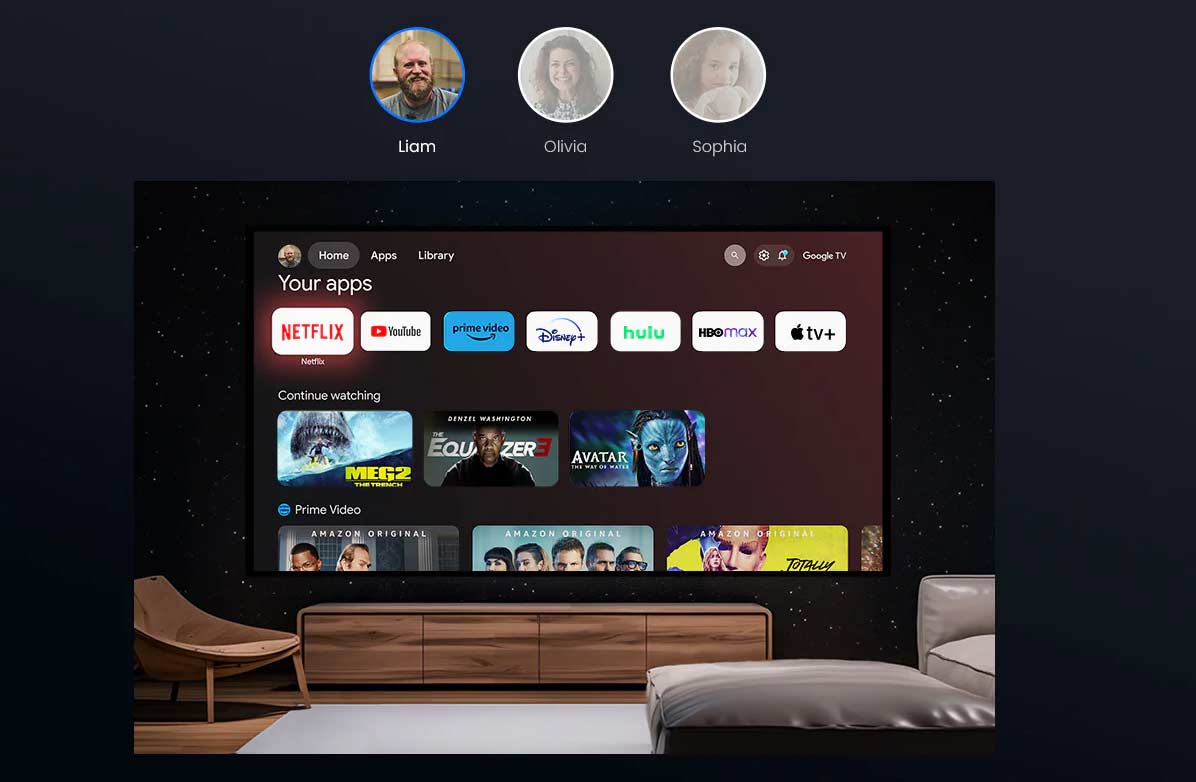 Streaming-Apps auf großem Bildschirm mit Profilen.