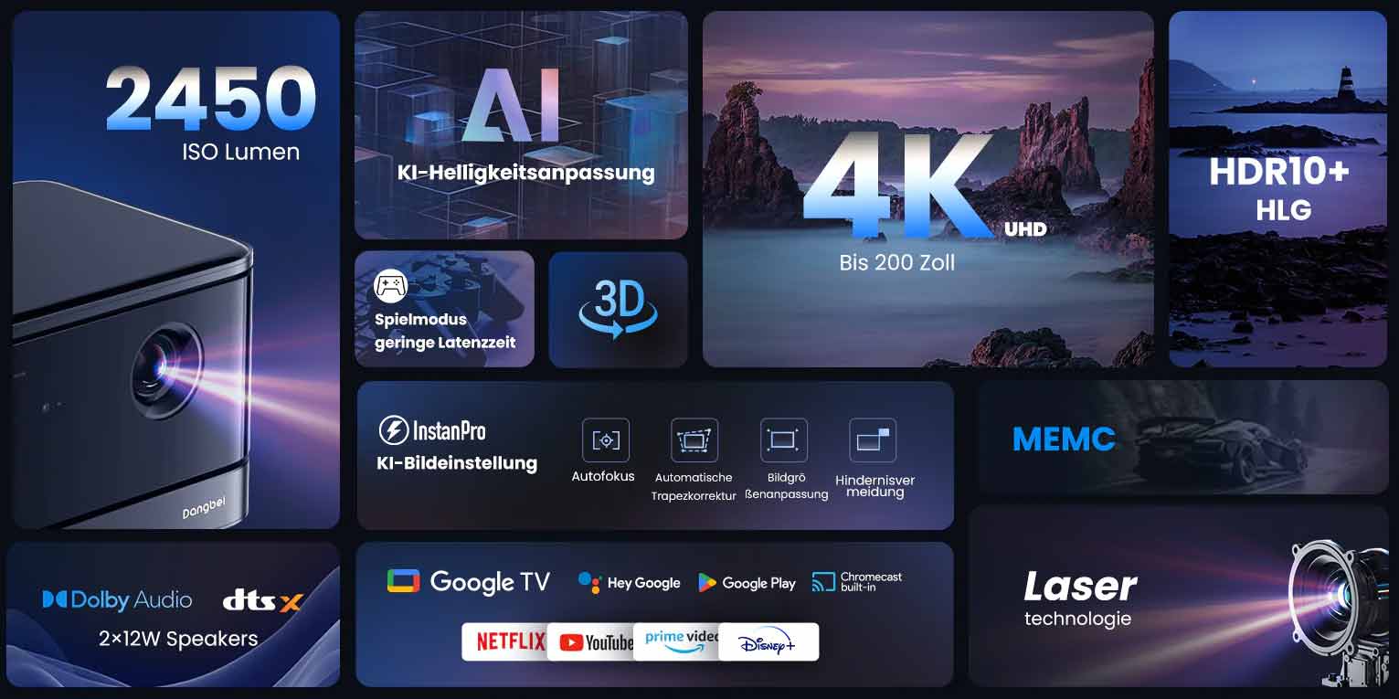 Beamer mit 4K, HDR10+, AI, Laser.