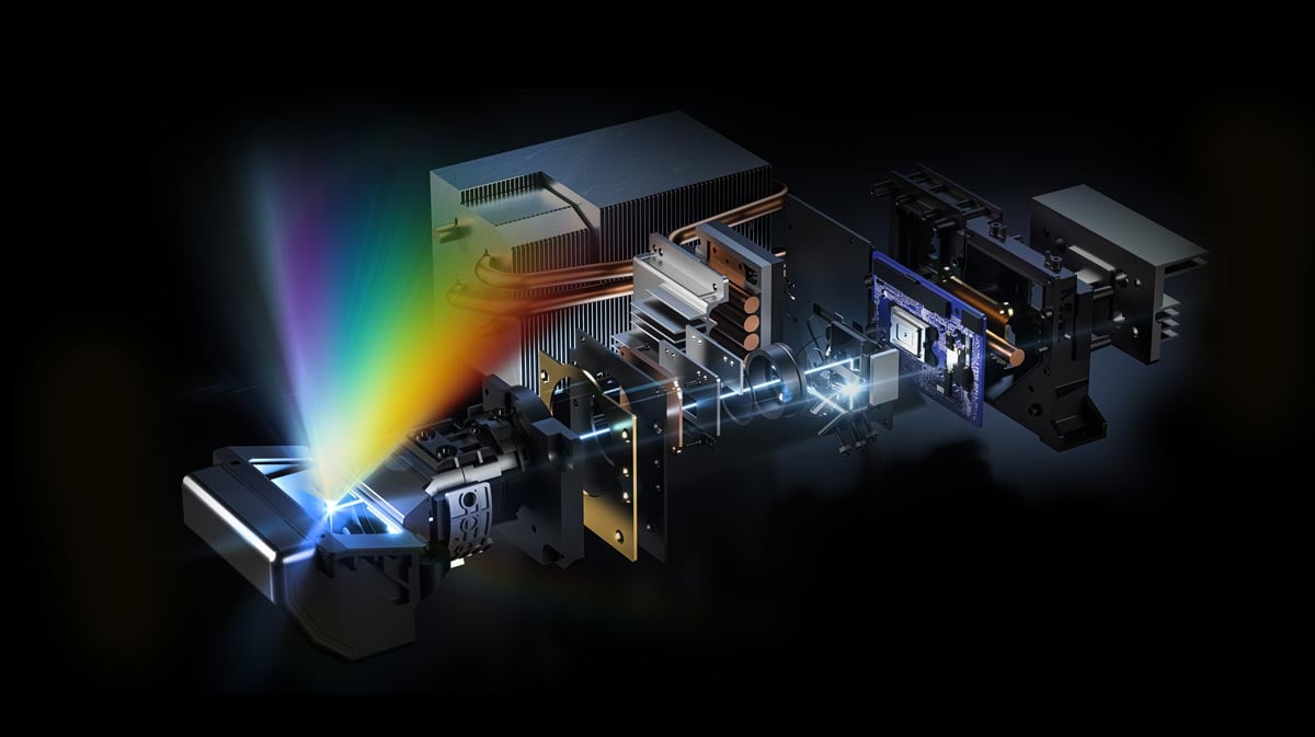 Explosionsdarstellung eines Beamers mit Regenbogenlicht.