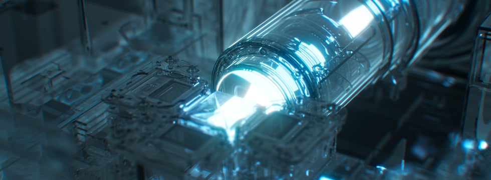 Futuristischer Beamer mit leuchtendem Lichtstrahl.