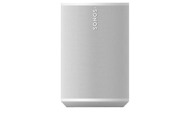 Weißer Lautsprecher mit Markenlogo vorne.