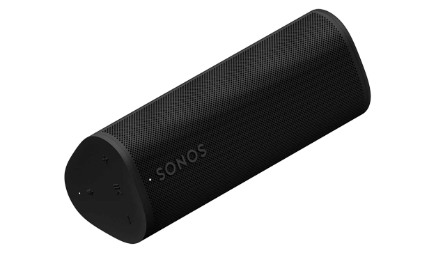 Schwarzer tragbarer Lautsprecher mit Sonos-Logo.